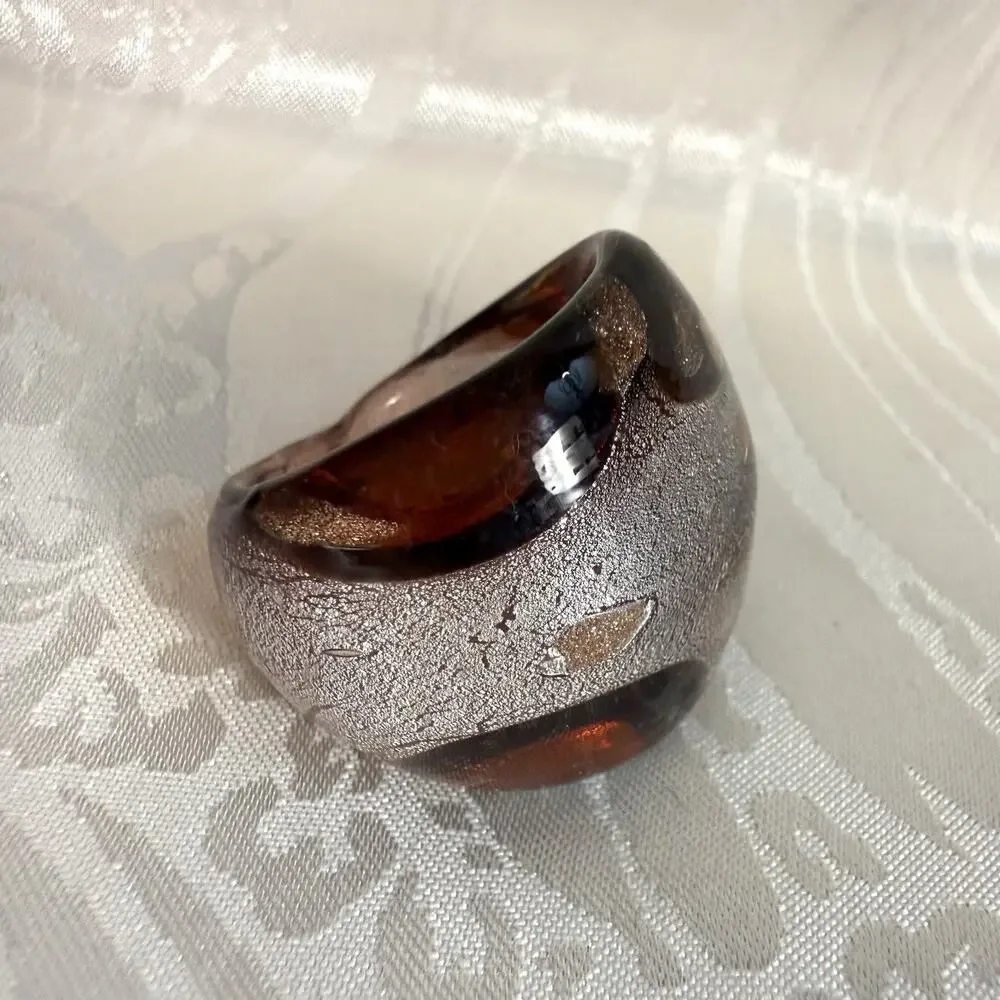 Artisan Lampwork Style Art Glass Dome Ring Sz 6.25 Luminous Brown Silver Copper
